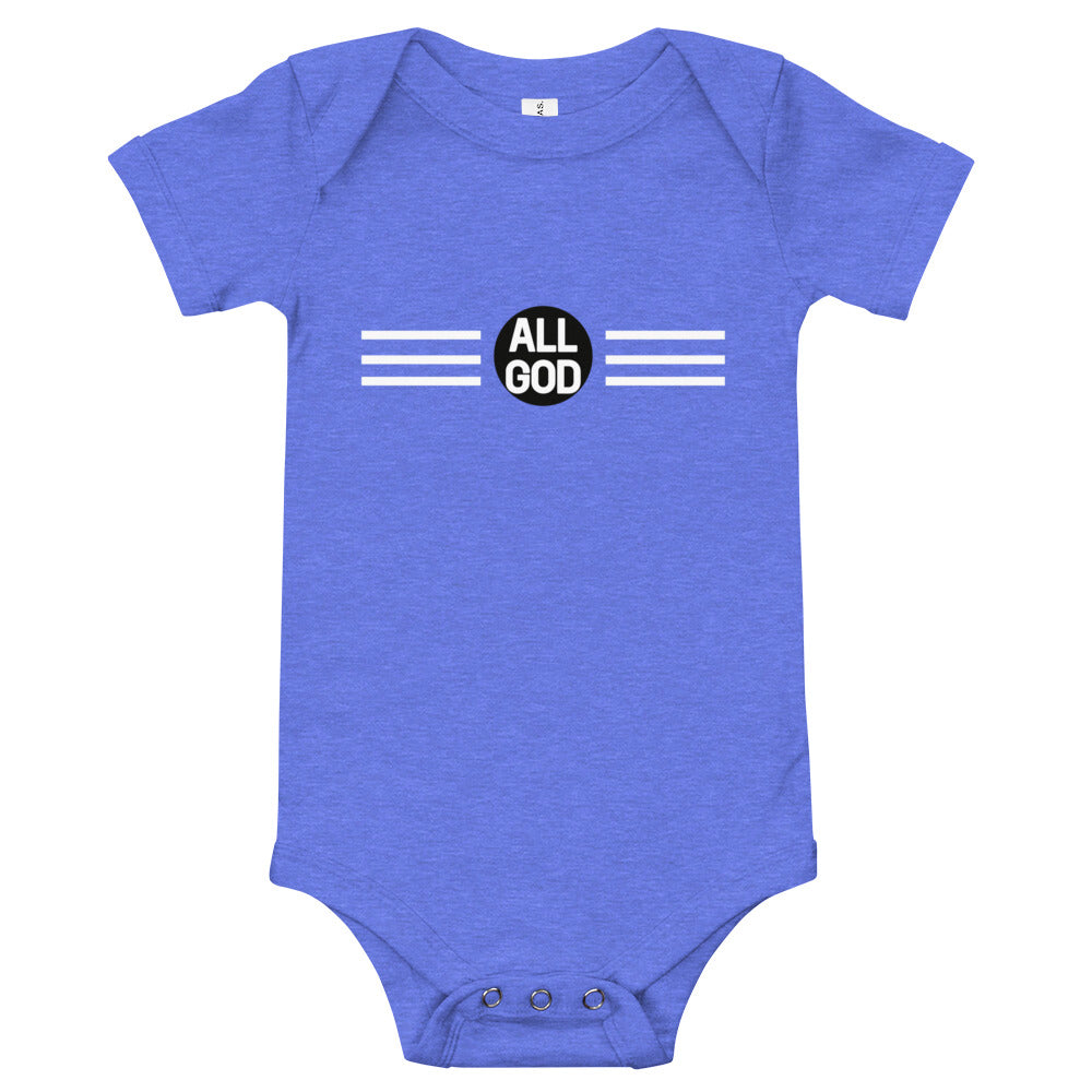 AG Onesie — All God baby onesie, front view, faith-based baby apparel