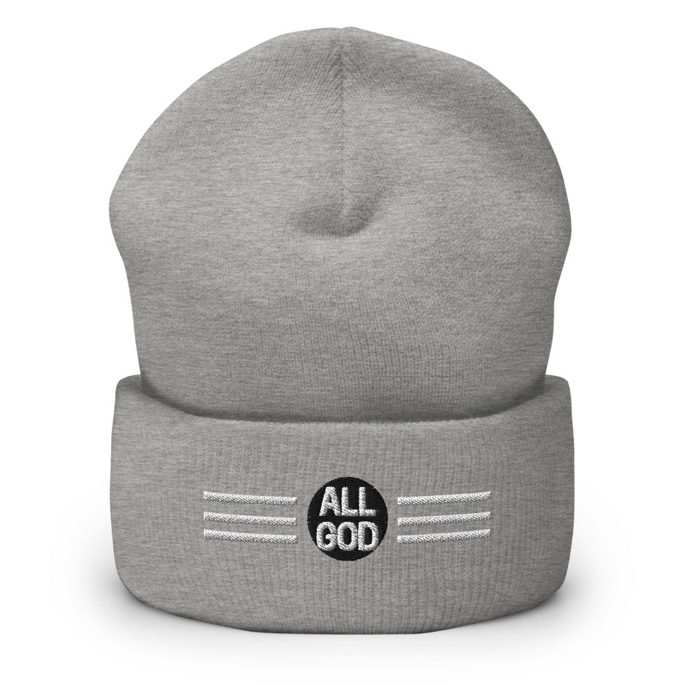 AG Beanie — embroidered All God logo beanie, heather grey, front view