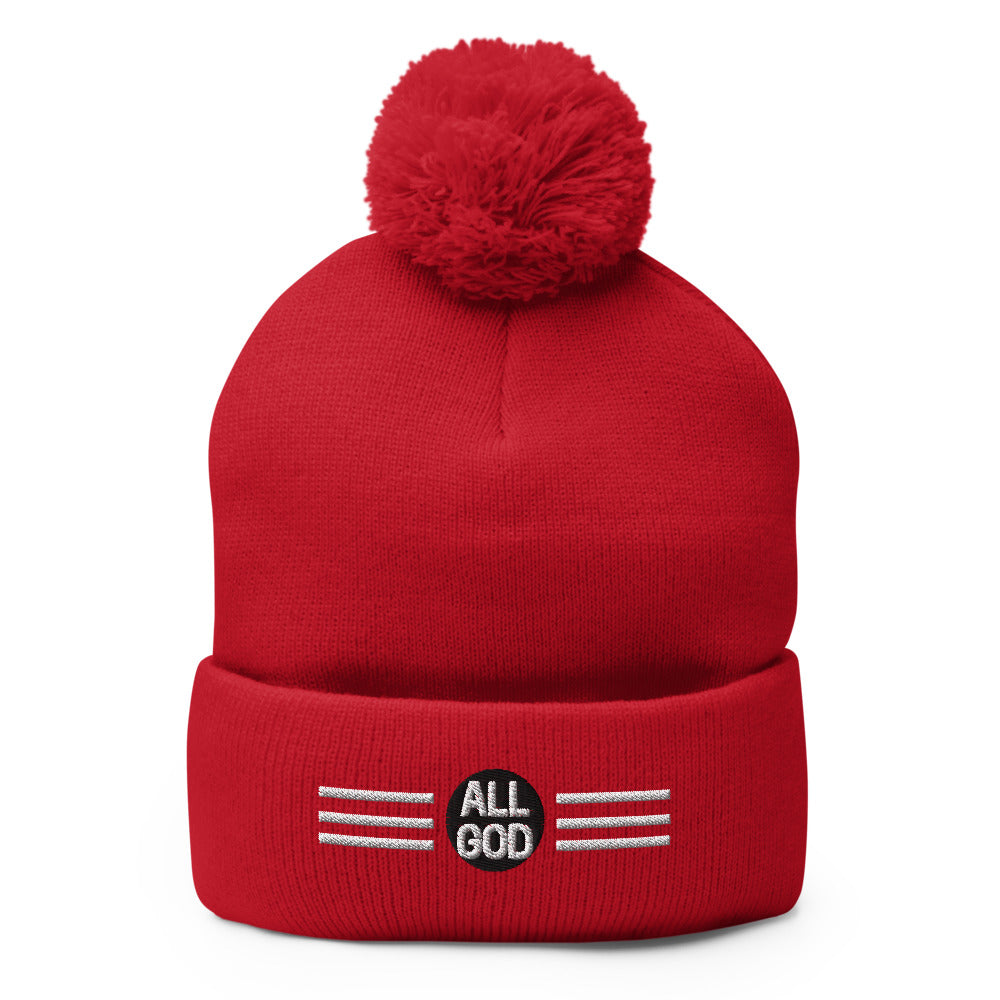 AG Solid PomPom Beanie — embroidered All God logo, front view