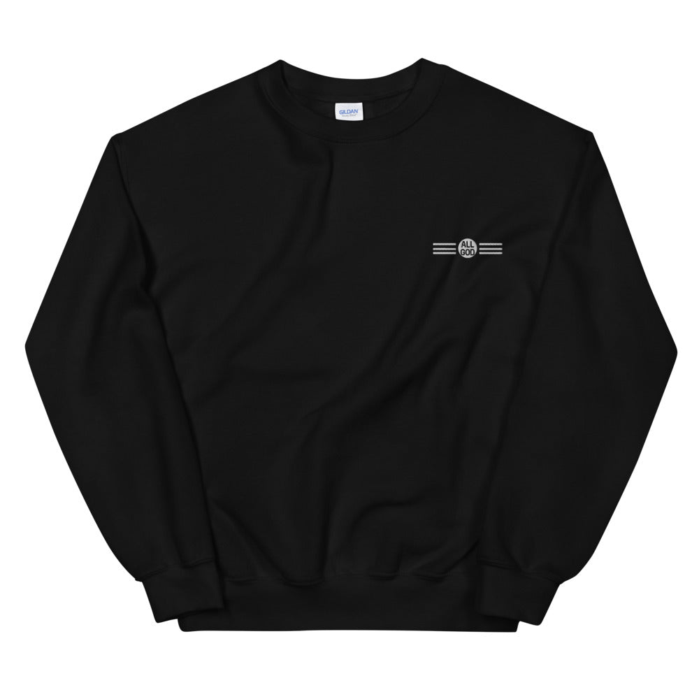 AG Embroidered Logo Sweatshirt — left-chest All God embroidery, black crewneck