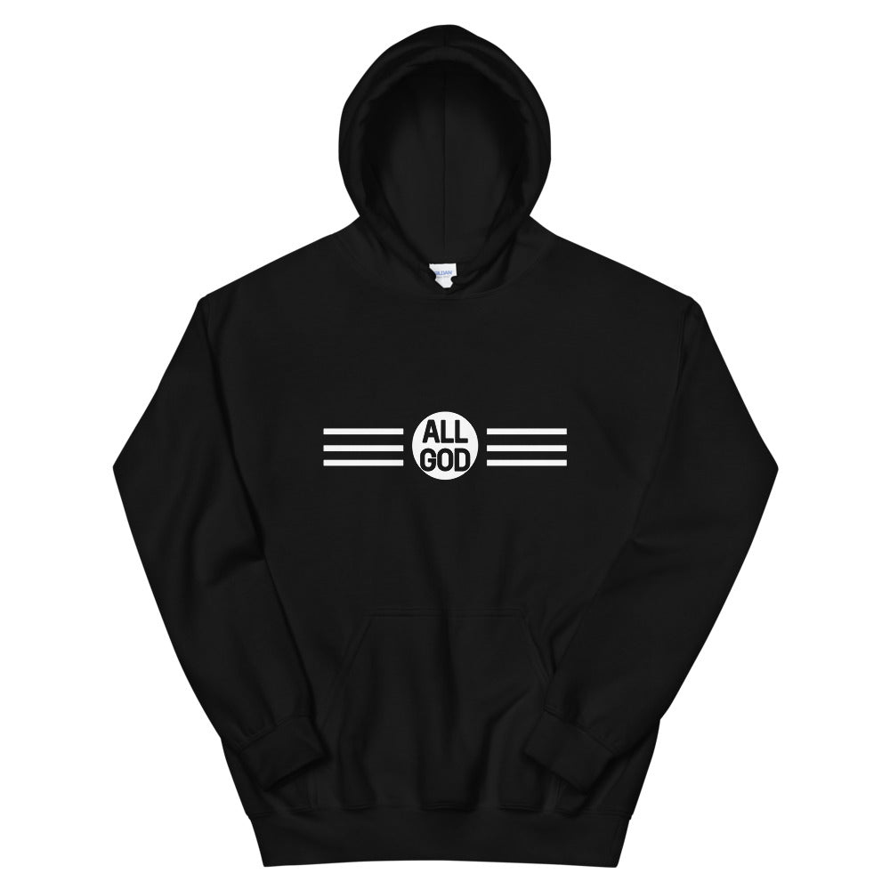 AG Hoodie with white All God logo on black — faith streetwear, front view